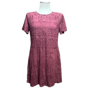 C&V Chelsea & Violet Short Sleeve Laser Cut Mini Dress Dark Scarlet Large